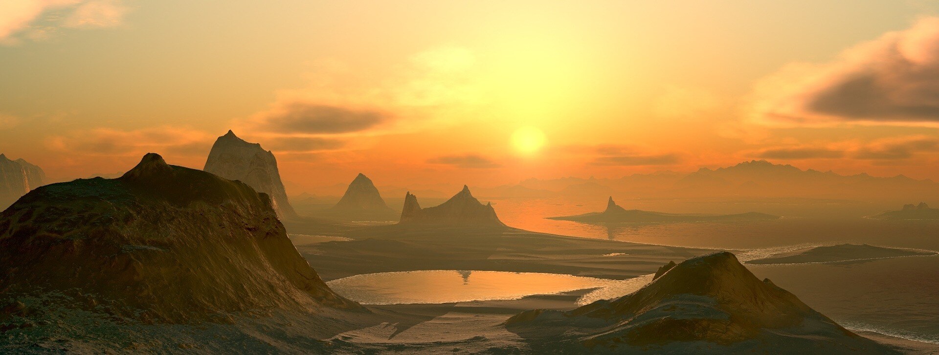 Golden sunset over misty islands and still water